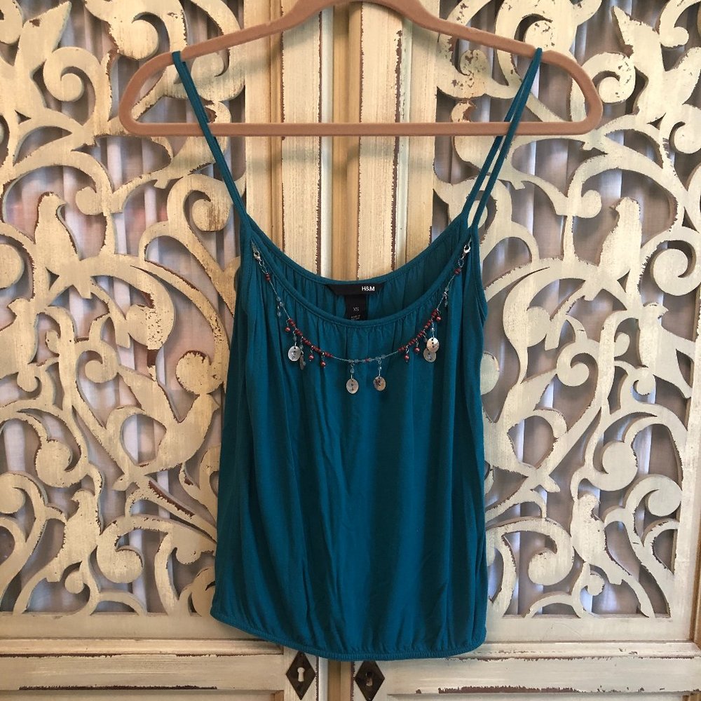 XS H&M jersey spaghetti strap beaded top - teal